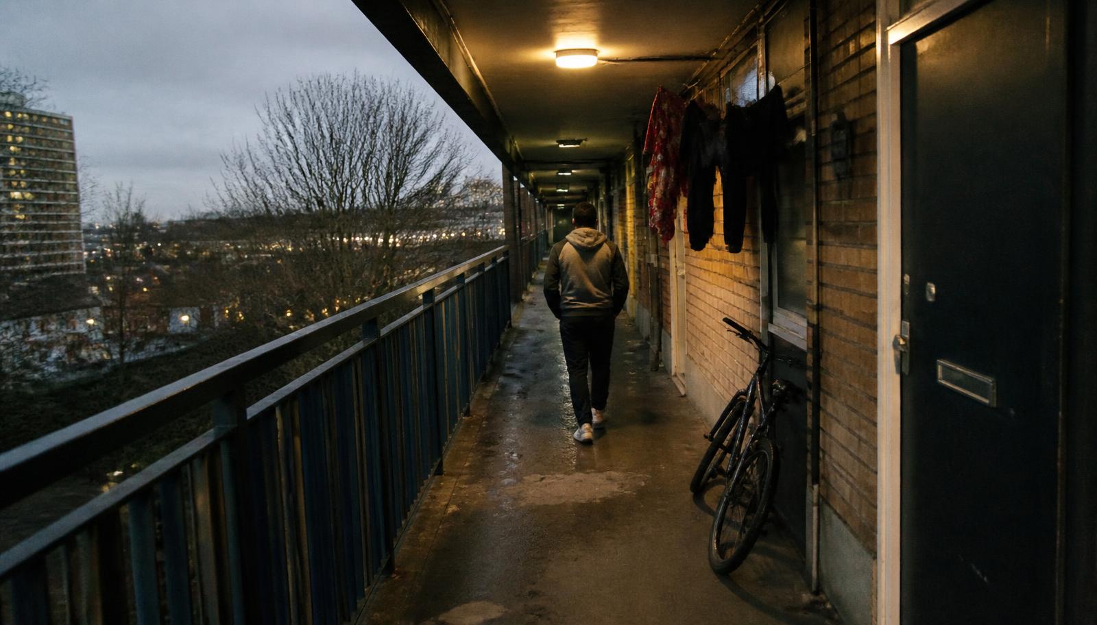 A walkway on a British housing estate at dusk with a bike leaning against the wall